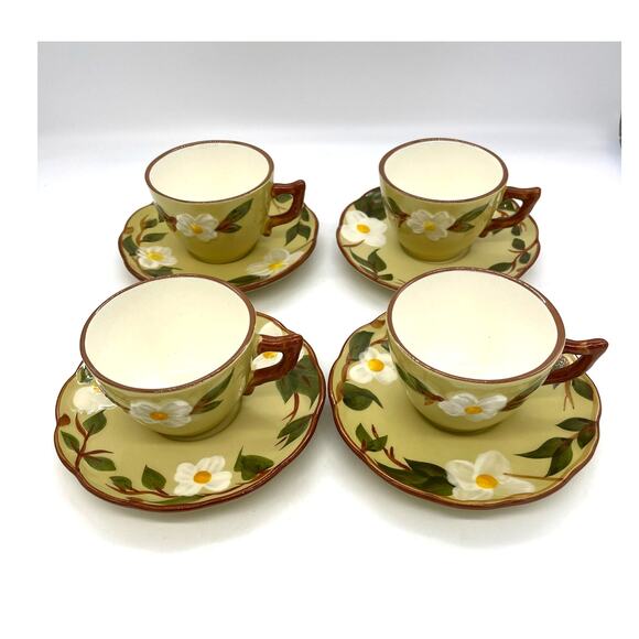 Vintage MCM Stangl White Dogwood Pattern Set of 4 Cups & Saucers Hand Painted - Picture 1 of 10